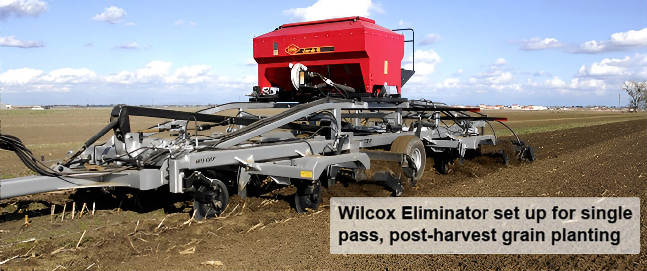 Wilcox Eliminator set up for single pass, post-harvest grain planting